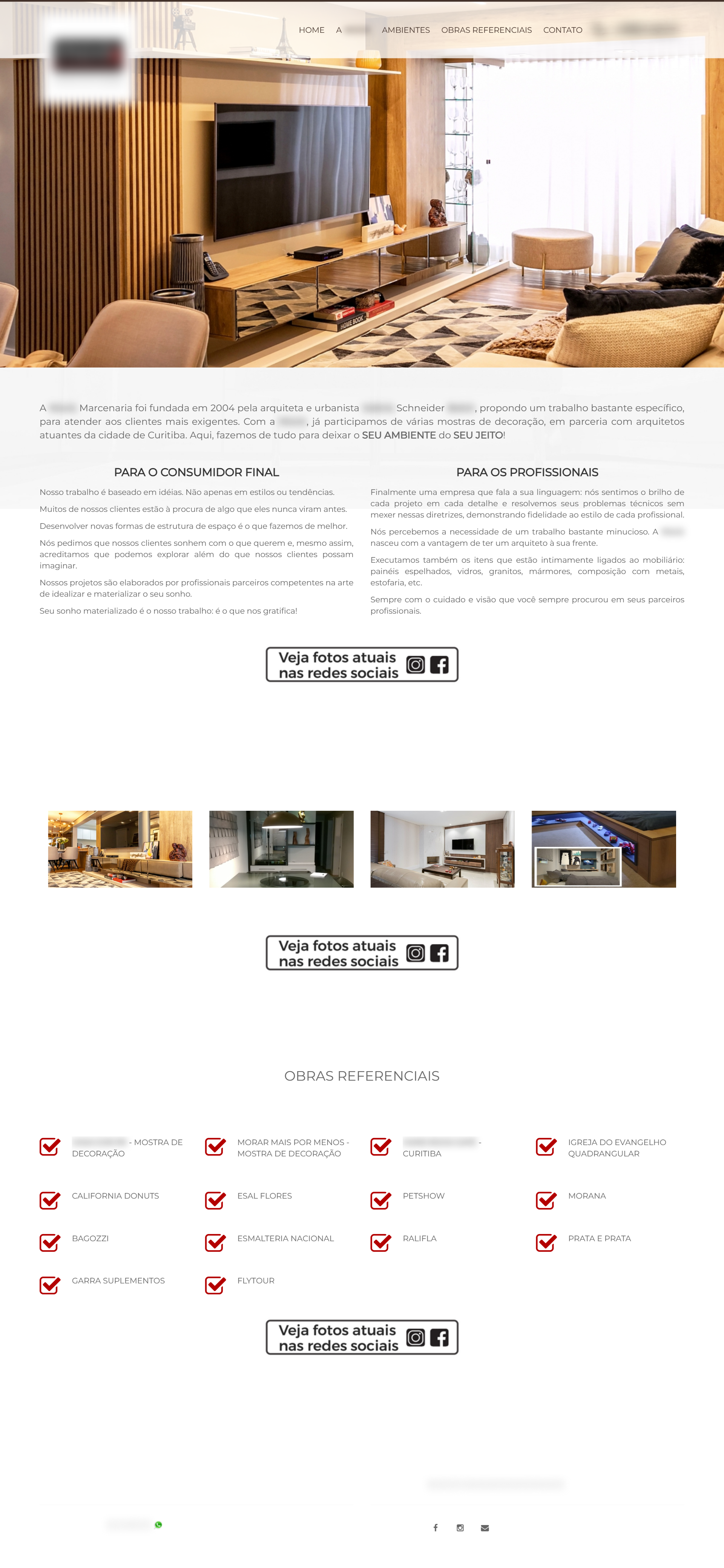 Site atual da marcenaria, página inteira — só a marca borrada